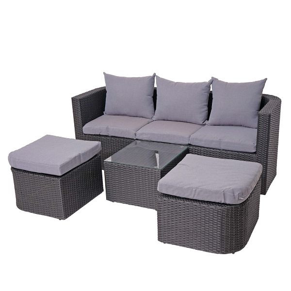 Mendler 3in1-Garnitur HWC-J37, Garten-/Lounge-Set Sonneninsel, Spun Poly halbrundes Poly-Rattan, anthrazit, Kissen hellgrau, 77291