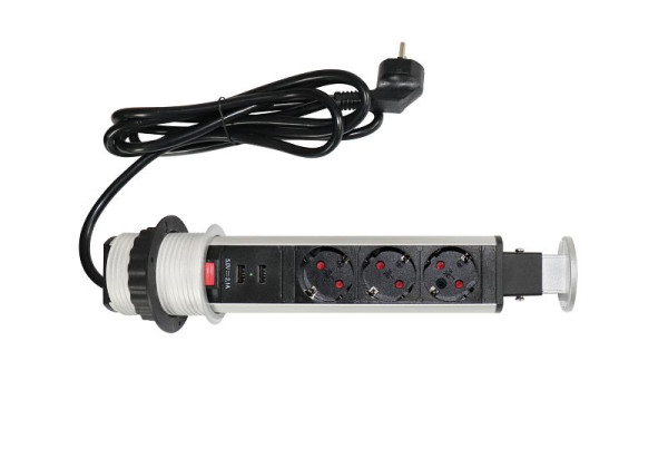 EVOline Steckdosentower Aluminium versenkbar, 3 VDE Steckdosen 45°, 2 USB-Charger, Typ A, mit Bohrung, VELDO601