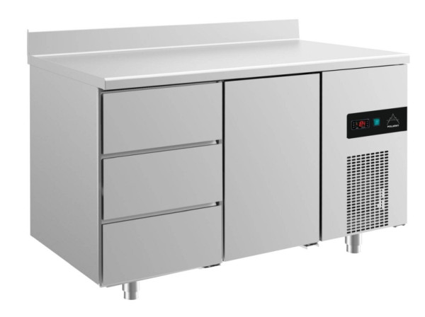 A&S Polarny Kühltisch -2 bis +8°C mit 1x Tür und 1x drei Schubladen links, 1400 x 700 x 850 mm, mit Aufkantung, KT2DTA