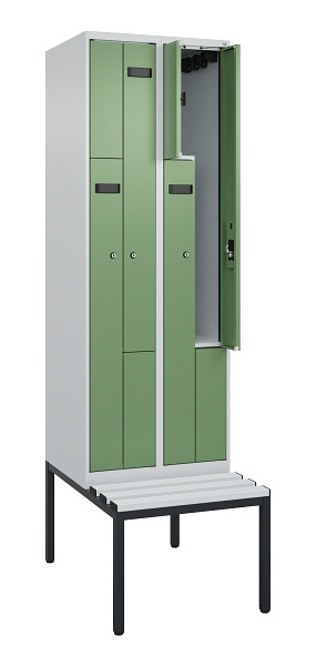 C+P Z-Spind Evolo PLUS, Bank, 4 Fächer, 2120x600x815mm, 7035/6011, Zylinderschloss, Sitzfläche Kunststoff, Sitzbank, 0490537-204 S10091