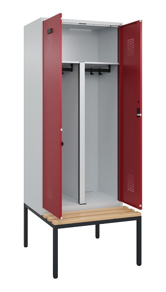C+P PSA Doppel-Spind Evolo PLUS, Bank, 2 Abteile, 2120x800x815mm, 7035/3003, Zylinderschloss, Sitzfläche Buche-Hartholz, Sitzbank, 0490527-22P S10031