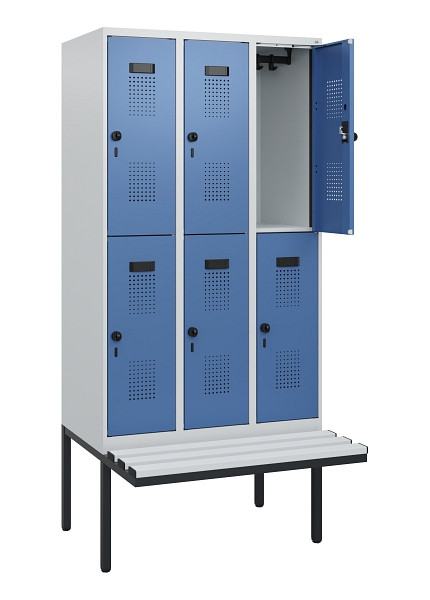 C+P Doppelstock-Spind Evolo PLUS, Bank, 6 Fächer, 1950x900x815mm, 7035/5023, Drehriegel, Sitzfläche Kunststoff, 0493405-30 S10097