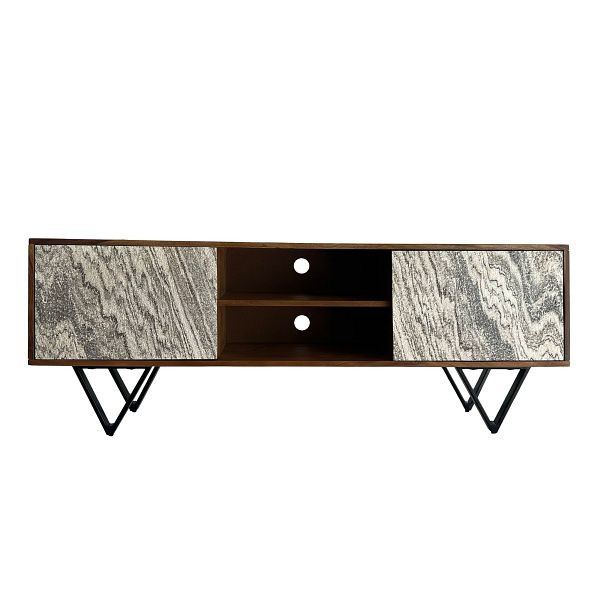 Wohnling Lowboard Sheesham Massivholz 150x56x35cm TV-Kommode mit Steinoptik Weiß, Fernsehtisch Fernsehschrank Modern zwei Türen mit Metallbeine, WL7.034