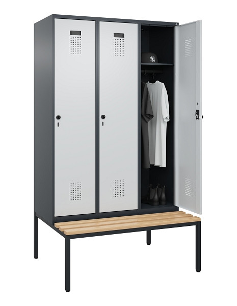 C+P Spind Evolo PLUS, 3 Abteile, 2120x1200x815mm, 7016/7035, Haken 4, Drehriegel, Sitzfläche Buche-Hartholz, Sitzbank, 0490507-32 S10017