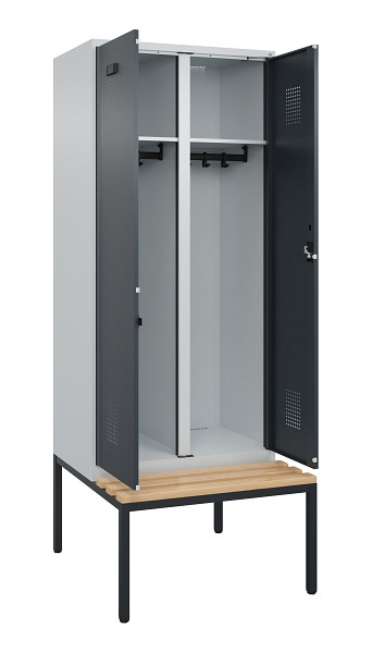 C+P Schwarz-Weiß-Spind Evolo PLUS, Bank, 2 Abteile, 2120x800x815mm, 7035/7016, Zylinderschloss, Sitzfläche Buche-Hartholz, Sitzbank, 0490527-22 S10039