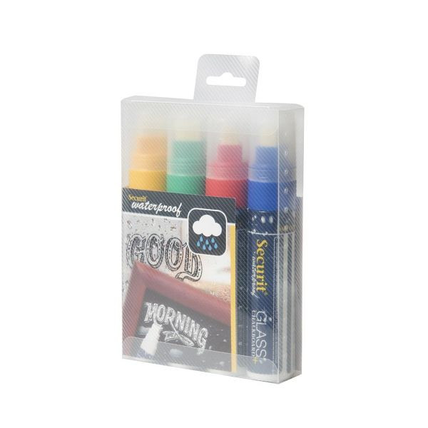 Securit Wasserfester Kreidemarker für Glas und Kreidetafel in rot, grün, gelb, blau 7-15mm Spitze (4 Stück), CU923