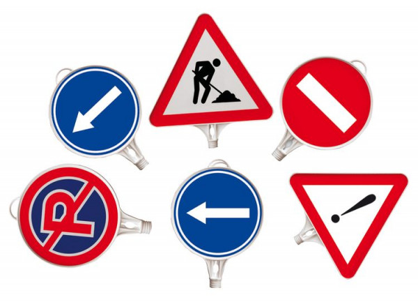 Schilder aus Kunststoff mit Verkehrszeichen, aufschraubbar, Richtung schräg links, Ø280mm, rund, 24063
