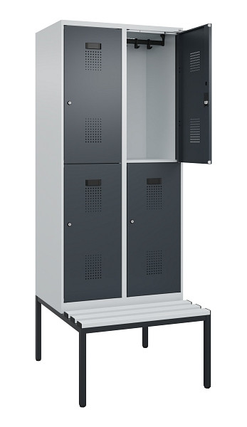 C+P Doppelstock-Spind Evolo PLUS, Bank, 4 Fächer, 2120x800x815mm, 7035/7016, Zylinderschloss, Sitzfläche Kunststoff, Sitzbank, 0493507-22 S10120