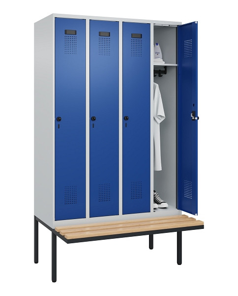 C+P Spind Evolo PLUS, 4 Abteile, 2120x1200x815mm, 7035/5010, Haken 3, Drehriegel, Sitzfläche Holz, 0490407-40 S10006