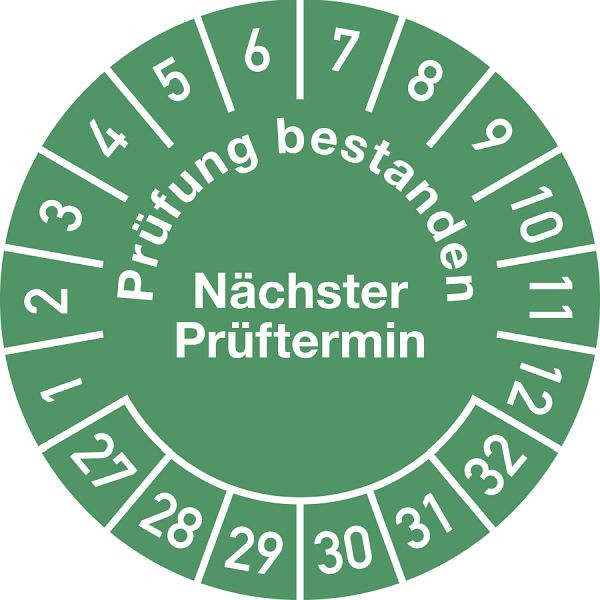 Moedel Prüfplakette Prüfung bestanden...2027 - 2032, Folie, Ø 30 mm, VE: 10 Stück/Bogen, 108212