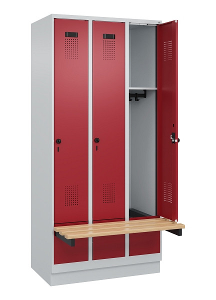 C+P Spind Evolo PLUS, 3 Abteile, 1950x900x815mm, 7035/3003, Drehriegel, Sitzfläche Holz, Sitzbank auskragend Sockel, 049040-30 S10004