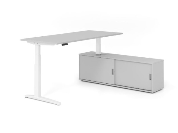 Hammerbacher Schreibtisch XBHM19, 180x80cm, Platte: Grau, 25mm dick, C-Fuß Gestell Weiß, Höhe: 65 - 129 cm, Ahorn, VXBHM19SB/5/W/5/5