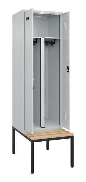 C+P PSA Doppel-Spind Evolo PLUS, Bank, 2 Abteile, 2120x600x815mm, 7035/7035, Zylinderschloss, Sitzfläche Buche-Hartholz, Sitzbank, 0490527-20P S10040