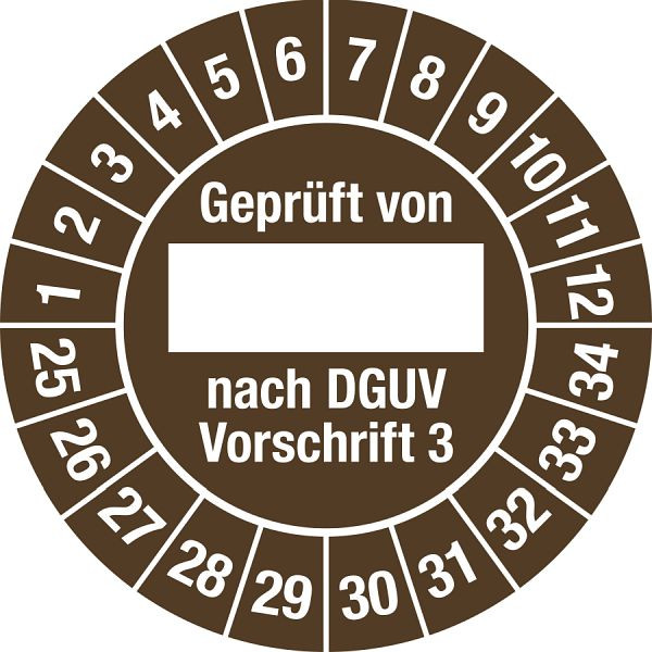 Moedel Prüfplakette Geprüft...DGUV Vorschrift 3, 2025-2034, Folie, Ø 25 mm, VE: 10 Stück/Bogen, 106392