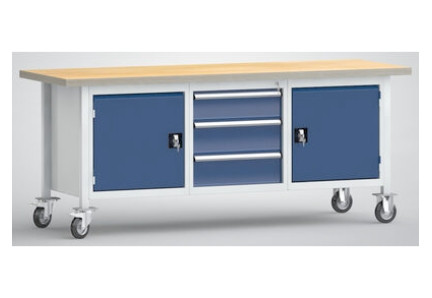 KLW Fahrbare Standard-Werkbank - 2000 x 700 x 840 mm L x T x H, mit Buchen-Multiplexplatte 40 mm, Türe links und rechts, FS247N-2000M40-E2074