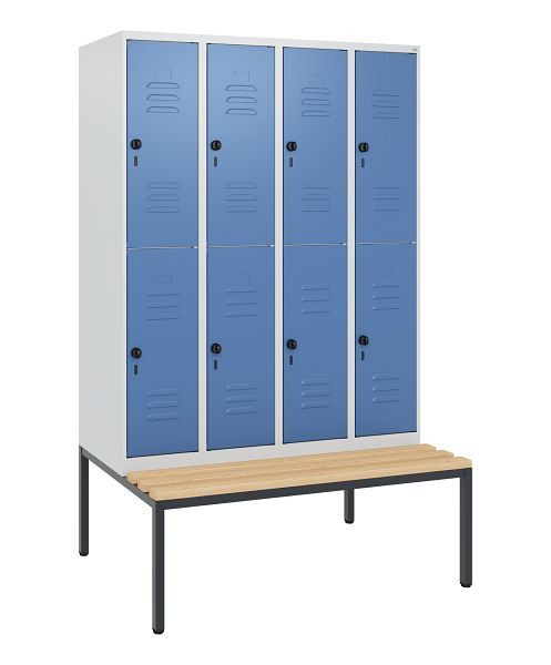 C+P Doppelstöckiger Spind Classic PLUS, 4 Abteile, 1950x1200x815mm, 7035/5023, Drehriegel, Buche-Sitzleisten, mit untergebauter Sitzbank, 0803505-40 S10005