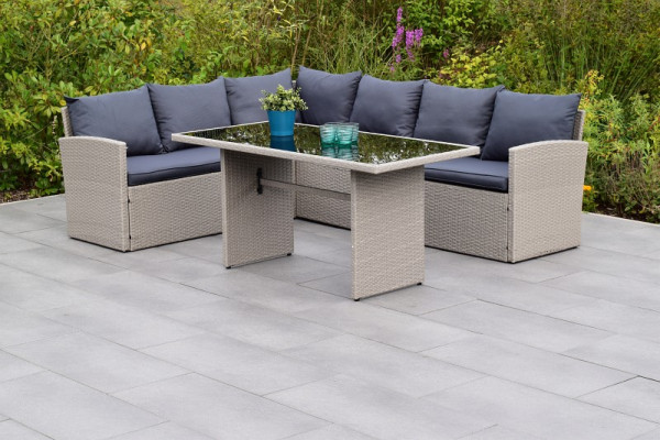 Merxx Lanzarote Eckset, 1 Eckbank inkl. Sitz- und Rückenkissen, 1 Tisch 145 x 70 cm, grau, Stahlgestell mit Kunststoffgeflecht, 28560-209