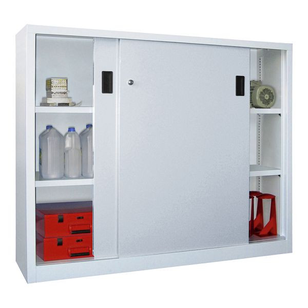 Pavoy Schwerlastschiebetürschrank 1200/1500/400, Mitteltrennwand, 4 verzinkte Fachböden; Drehdruckzylinderschloss, 30331-150-400-910118