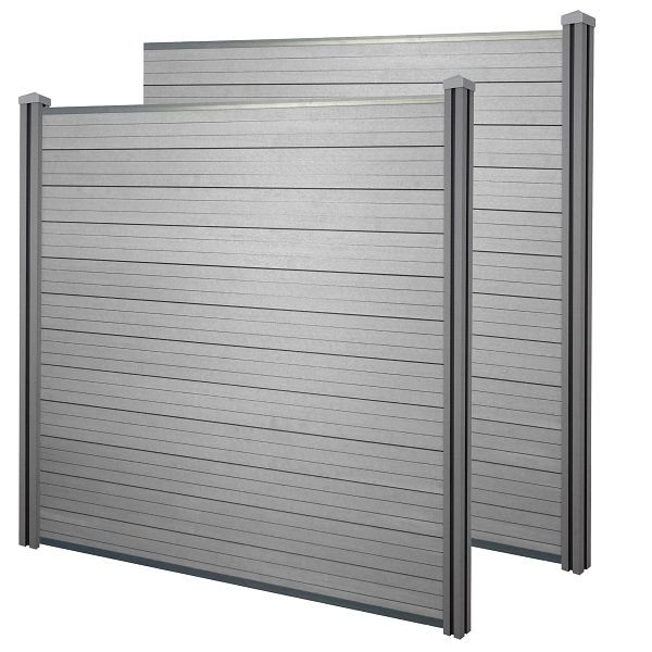 Mendler WPC-Sichtschutz Sarthe, Windschutz Zaun, WPC-Pfosten, 2er Set, 3,76m grau, 57990+57991+57992+57996+57997+57998