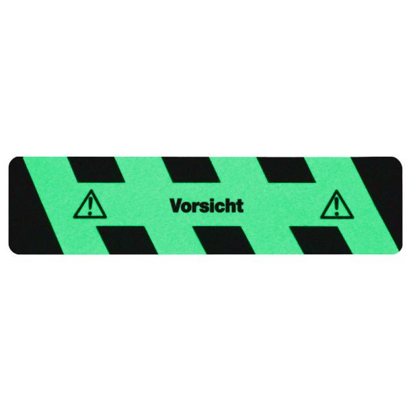 m2 Antirutschbelag nachleuchtend schwarz/grün mit Text "Vorsicht" Streifen 150x610mm, M1X51500610