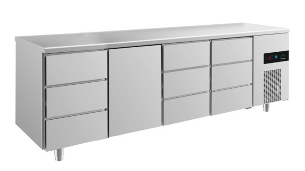 A&S Polarny Kühltisch -2 bis +8°C mit 1x Tür mittig-links und 3x drei Schubladen, 2330 x 700 x 850 mm, KT4DTDD