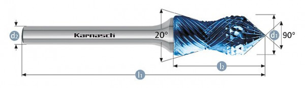 Karnasch Hartmetall-Frässtift Blue-Tec beschichtet d1= 12,0 / l2= 31 / d2= 6 / l1= 76mm Combi+Curve, 116027100