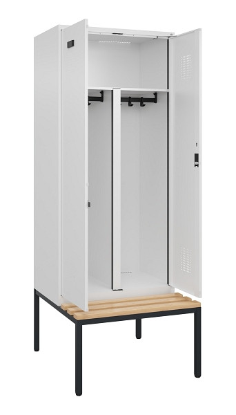 C+P PSA Doppel-Spind Evolo PLUS, Bank, 2 Abteile, 2120x800x815mm, 9016/9016, Zylinderschloss, Sitzfläche Buche-Hartholz, Sitzbank, 0490527-22P S10047