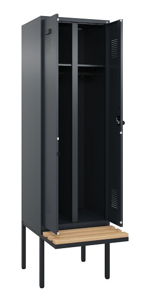 C+P Schwarz-Weiß-Spind Evolo PLUS, Bank, 2 Abteile, 2120x600x815mm, 7016/7016, Drehriegel, Sitzfläche Holz, 0490427-20 S10016