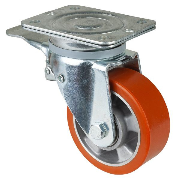BS Rollen Schwerlastrolle mit Feststeller, Breite 50 mm, Ø125 mm, bis 450 kg, Guss-Polyurethan 95 Shore A, Körper Aluminium, Kugellager, N120.B90.129