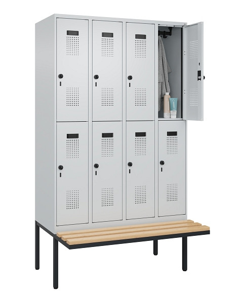 C+P Doppelstock-Spind Evolo PLUS, Bank, 8 Fächer, 2120x1200x815mm, 7035/7035, Drehriegel, Sitzfläche Buche-Hartholz, 0493407-40 S10013