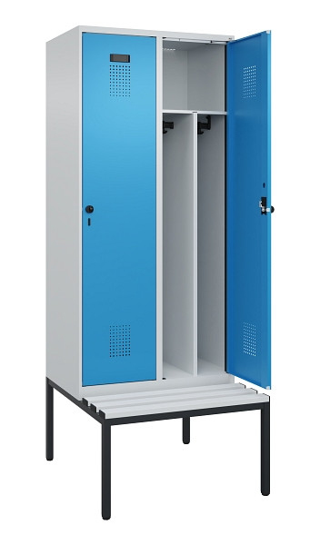 C+P Spind Evolo PLUS, 2 Abteile, 2120x800x815mm, 7035/5012, Haken 4, Drehriegel, Sitzfläche Kunststoff, Sitzbank, Trennwand, 0490507-22F S10061