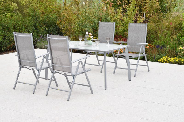 Merxx Amalfi Set 5-teilig, 4 Amalfi Klappsessel, Rückenlehne verstellbar, 1 Tisch 150 x 90 cm, matte Glasplatte, Silber/diamantbraun, 50878-330