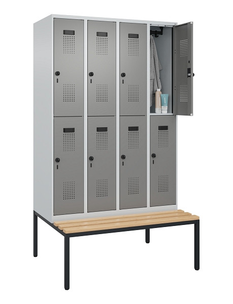C+P Doppelstock-Spind Evolo PLUS, Bank, 8 Fächer, 2120x1200x815mm, 7035/0004, Drehriegel, Sitzfläche Buche-Hartholz, Sitzbank, 0493507-40 S10014