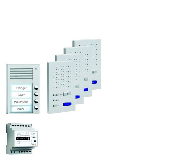 TCS Türkontrollsystem audio:pack AP für 4 Wohneinheiten, mit Außenstation PAK 4 Klingeltasten, 4x Freisprecher ISW3030, Steuergerät BVS20, PPAF04-EN/02