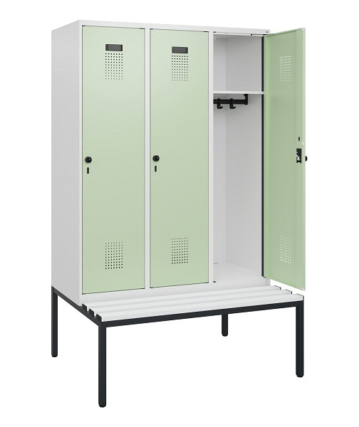 C+P Spind Evolo PLUS, 3 Abteile, 1950x1200x815mm, 9016/6019, Drehriegel, Sitzfläche Kunststoff, Sitzbank, 0490505-32 S10073