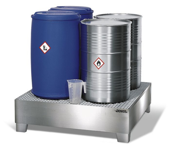 DENIOS Auffangwanne aus Edelstahl für 4 Fässer à 200 Liter, 1260 x 1342 x 270 mm, mit Gitterrost, 328445