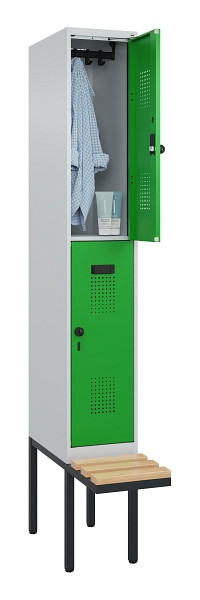 C+P Doppelstock-Spind Evolo PLUS, Bank, 2 Fächer, 2120x300x815mm, 7035/6037, Drehriegel, Sitzfläche Buche-Hartholz, 0493407-10 S10011