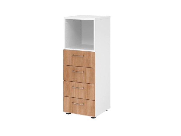 Hammerbacher Schubladenschrank 3OH, 4 Schübe, BS Weiß/Nussbaum, 40 x 41,7 x 110 cm, 4 Schubkästen, Metallgriff, V934S4/W/N/BS