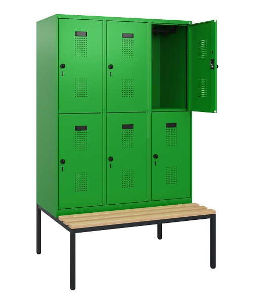 C+P Doppelstöckiger Spind Evolo PLUS, Bank, 6 Fächer, 1950x1200x815mm, 6037/6037, Drehriegel, Sitzfläche Buche-Hartholz, Sitzbank, 0493505-32 S10036