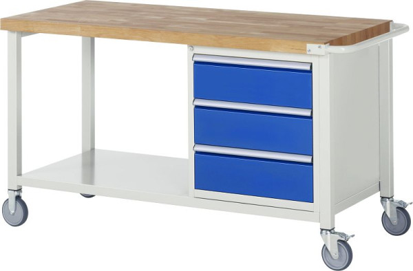RAU Fahrbare Werkbank 8000 - Modell 8157, B1500 x T700 x H880-1080 mm, Systemunterbau B1495 x T650 mm, 3 Schubladen, 05-8157A6-157B4H.11