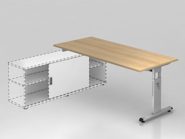 Hammerbacher Anbauschreibtisch T-Fuß 180x80cm, Eiche/Silber, Rechteckform, Aufsatz auf Sideboard 1758, VOSE19/E/S