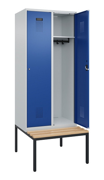 C+P Spind Evolo PLUS, 2 Abteile, 2120x800x815mm, 7035/5010, Haken 4, Zylinderschloss, Sitzfläche Buche-Hartholz, Sitzbank, 0490507-22 S10033