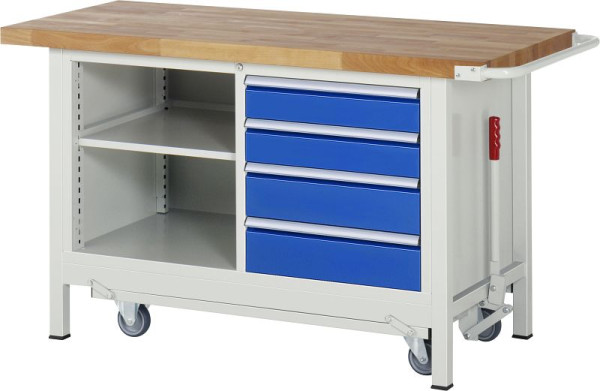 RAU Absenkbare Werkbank 8000- Modell 8463, B1500xT700xH880mm, Doppel-Unterbau-Container, li Fachboden, re: Schubladen: 2xH120 2xH150mm, 05-8463A2-157B4F.11