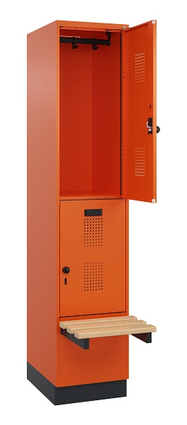 C+P Doppelstock-Spind Evolo PLUS, Bank, 2 Fächer, 1950x400x815mm, 2004/2004, Drehriegel, Sitzfläche Buche-Hartholz, mit Sockel, 049340-12 S10023