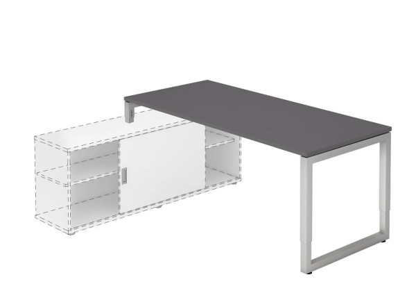 Hammerbacher Anbauschreibtisch O-Fuß eckig 180x80cm Graphit/Silber, 25 mm dick, 2 mm ABS-Kante, Rechteckform mit schwebender Tischplatte, VRSE19/G/S