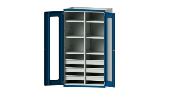 ANKE Werkbänke Schwerlastschrank, Modell 203, 1085 x 630 x 1950 mm, Sichtausschnitt aus Plexiglas, RAL 7035/5010, 620.073