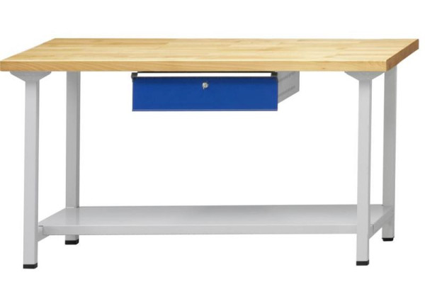 ANKE Werkbänke Arbeitstisch; 1500x700x890 mm; RAL 7035/5010; Buche-Massiv-Platte 40 mm; 1xHängeschublade; 1xAblageboden aus Stahlblech 500 mm tief, 400.249
