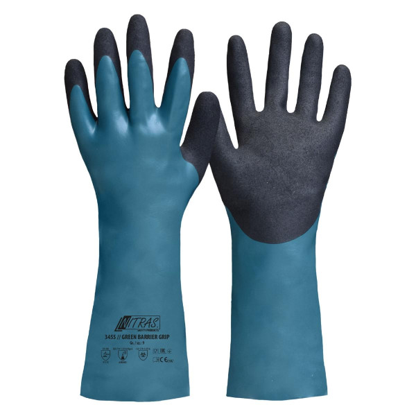 NITRAS GREEN BARRIER GRIP, Chemikalienschutzhandschuhe, Nitril, petrol, mit schwarzer Nitrilbeschichtung, Größe: 8, VE: 72 Paar, 3455-8