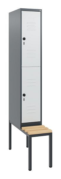 C+P Doppelstöckiger Spind Classic PLUS, Bank, 1950x300x815mm, 7016/7035, Drehriegel, Sitzleisten aus Buche, mit untergebauter Sitzbank, 0803505-10 S10013