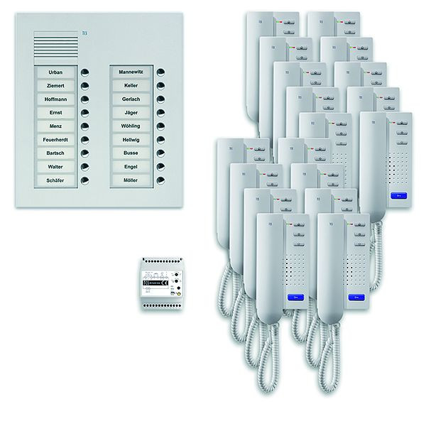 TCS Türkontrollsystem audio:pack UP für 18 Wohneinheiten, mit Außenstation PUK 18 Klingeltasten 2-spaltig, 18x Türtelefon ISH3030, Steuerung, PPU18/2-EN/02